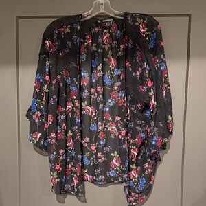 Express Black Floral Lace-Shoulder Open Kimono